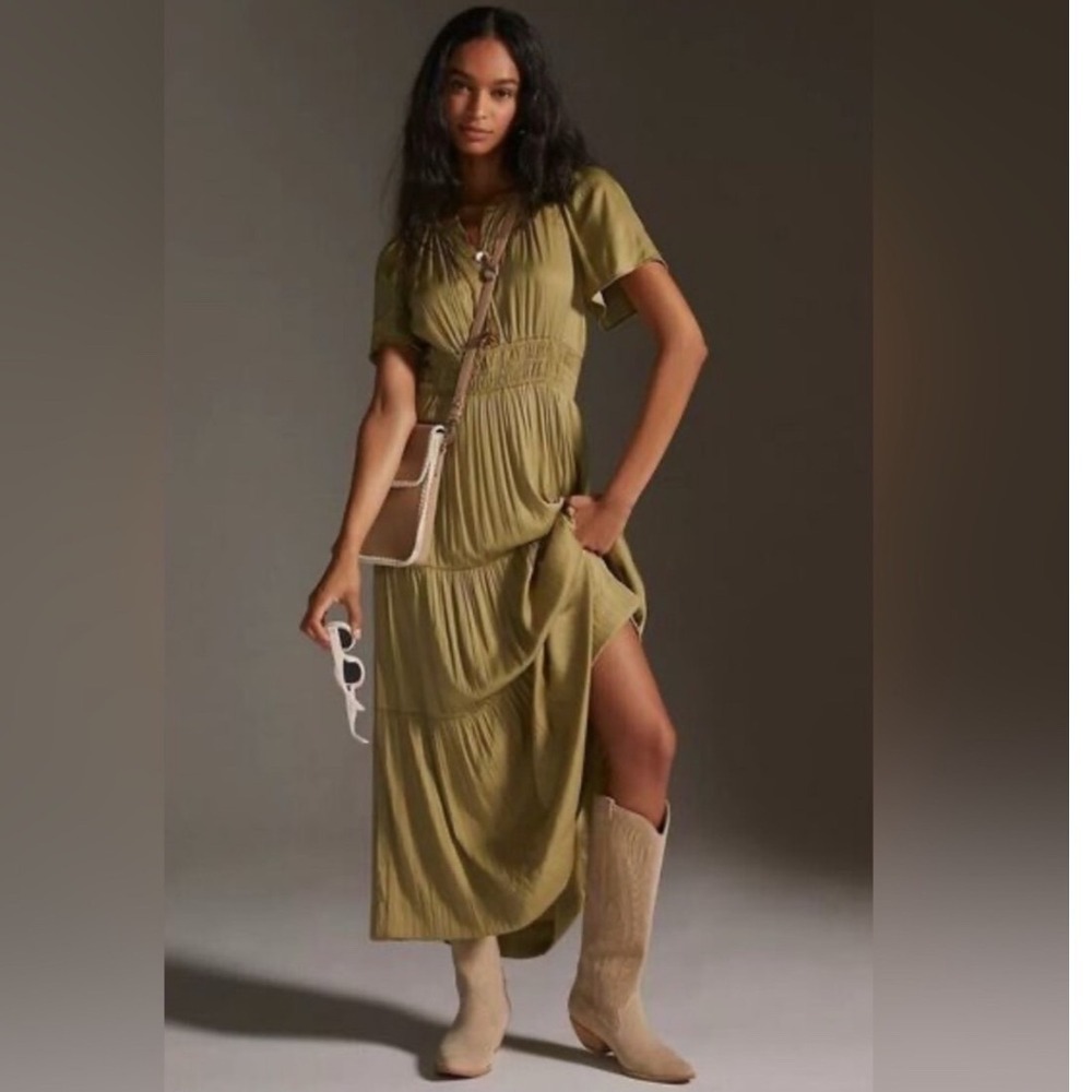 Anthropologie Somerset Green Lumensilk Satin Smocked Waist‎ Tiered Maxi Dress L